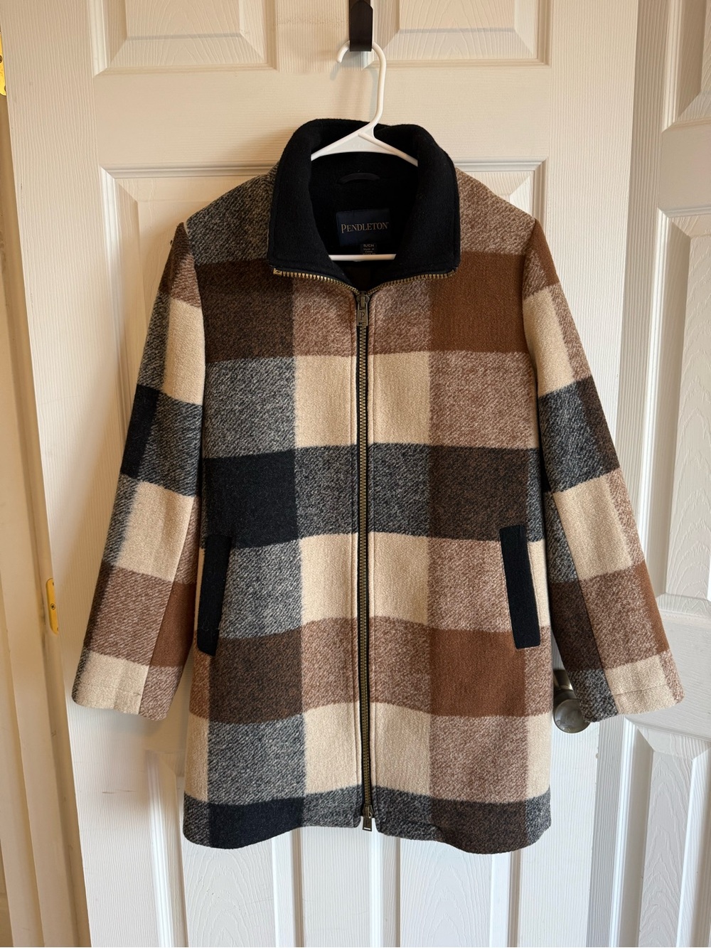 Pendleton Women's Wool Blend Fall Brown & Cream Plaid Zip-Front Peacoat S